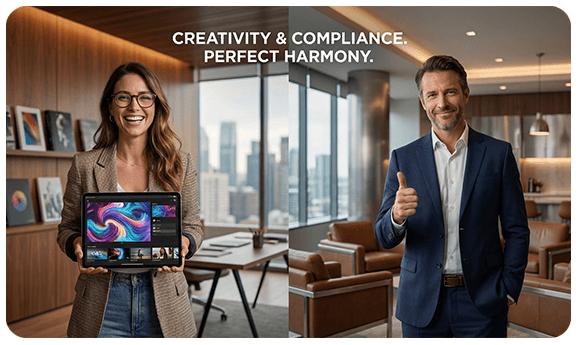 Business professionals creating compliant AI video campaigns using Castor AI's licensed talent platform.