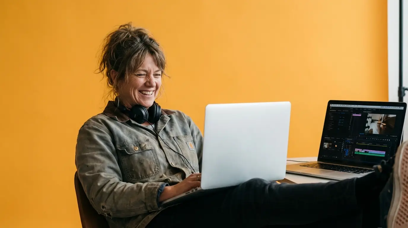 A smiling professional working on a laptop, representing the peace of mind creators have when using legally cleared, consent-verified human likenesses.
