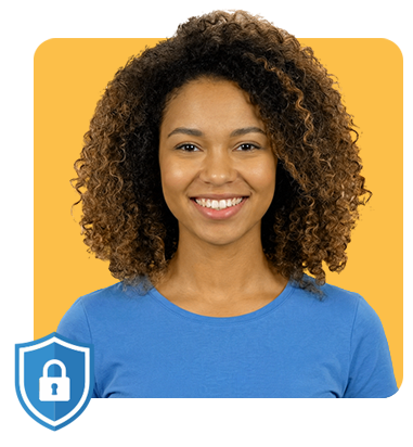 Verified human actor smiling alongside a biometric security shield, representing a securely protected digital identity for AI monetization.