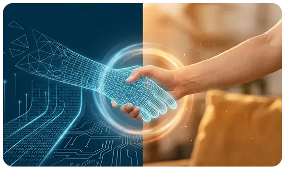 A hand interacting with a secure digital interface, illustrating provenance tracking and biometric verification for AI-generated people.