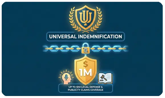 Universal indemnification shield offering up to 1 million dollars in legal defense against right of publicity claims for AI content.