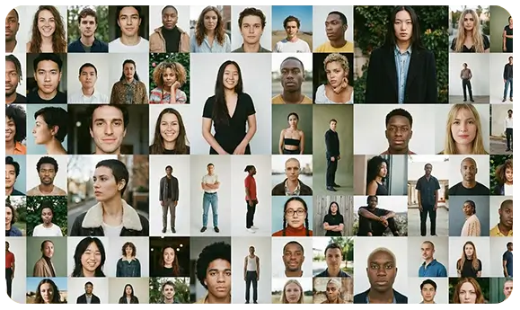 A diverse grid of human faces representing legally cleared digital identities available for generative AI video content.