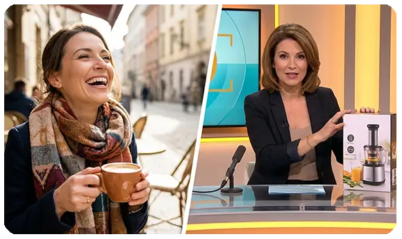 Side-by-side comparison of a licensed digital twin starring in a lifestyle commercial and a broadcast news segment while the real actor relaxes at home.