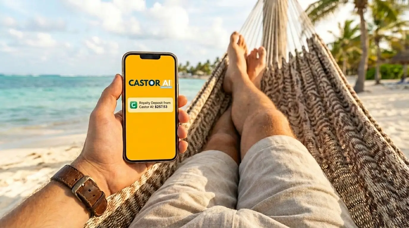 A person relaxing in a beach hammock holding a phone displaying the Castor AI logo, illustrating the passive royalty income generated by an AI digital twin.