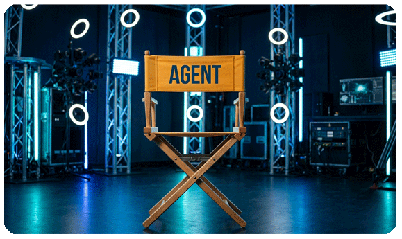 Empty 'AGENT' chair on an illuminated AI video production stage, highlighting Castor AI's secure portal for talent managers and representatives.