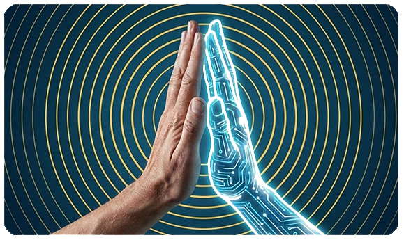 A human hand touching a glowing digital hand, symbolizing the creation of a hyper-realistic AI model that generates passive royalties.