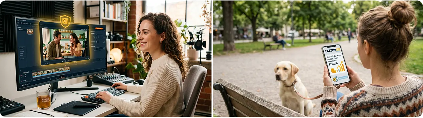 A split-screen graphic showing the two sides of Castor AI's generative media platform. On the left, a professional creator confidently edits legally cleared AI talent on a studio monitor. On the right, a woman relaxes on a park bench with her dog while viewing a Castor AI royalty deposit notification on her phone, illustrating passive income from her digital twin.