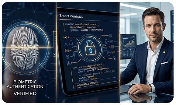 A technological graphic illustrating Castor AI's secure verification pipeline, including biometric authentication, smart contracts, and an immutable record for commercial licensing.