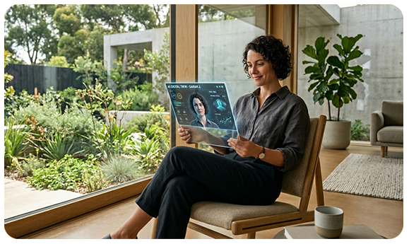A confident talent relaxing in a minimalist, sunlit space featuring natural elements, holding a sleek tablet. The tablet screen displays their active Castor AI digital twin profile, illustrating the freedom of passive income and secure AI likeness licensing.