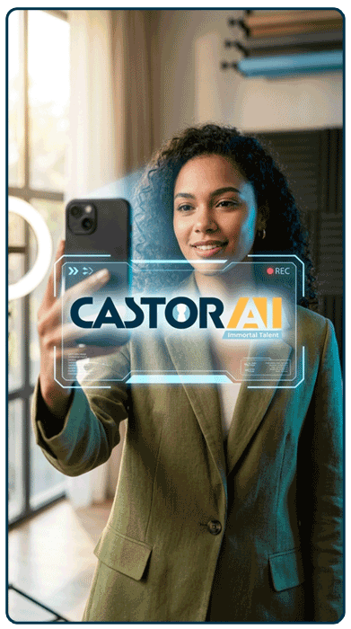 Actor capturing high-resolution biometric data to create a licensed digital twin on the Castor AI platform.