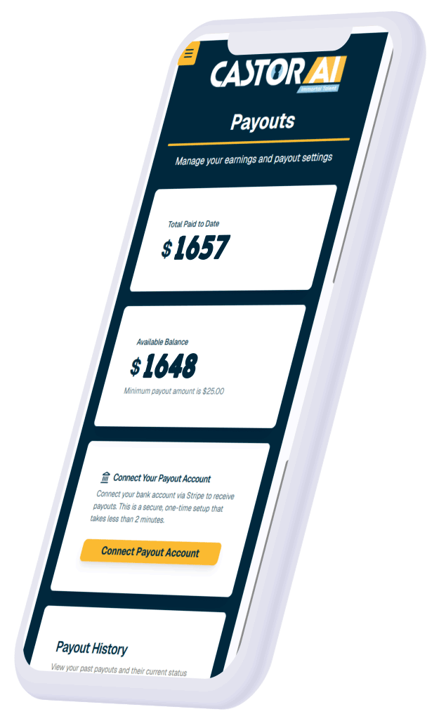 A mockup of the Castor AI talent dashboard displaying digital likeness monetization, active marketplace campaigns, and secure royalty payouts for AI-generated media.