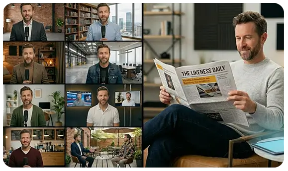 A split-screen image demonstrating the power of an authorized AI digital twin. On the right, a relaxed human talent sits comfortably reading a newspaper. On the left, a video grid shows their secure AI likeness working overtime hosting multiple broadcasts, illustrating how Castor AI allows creators to safely scale their content.